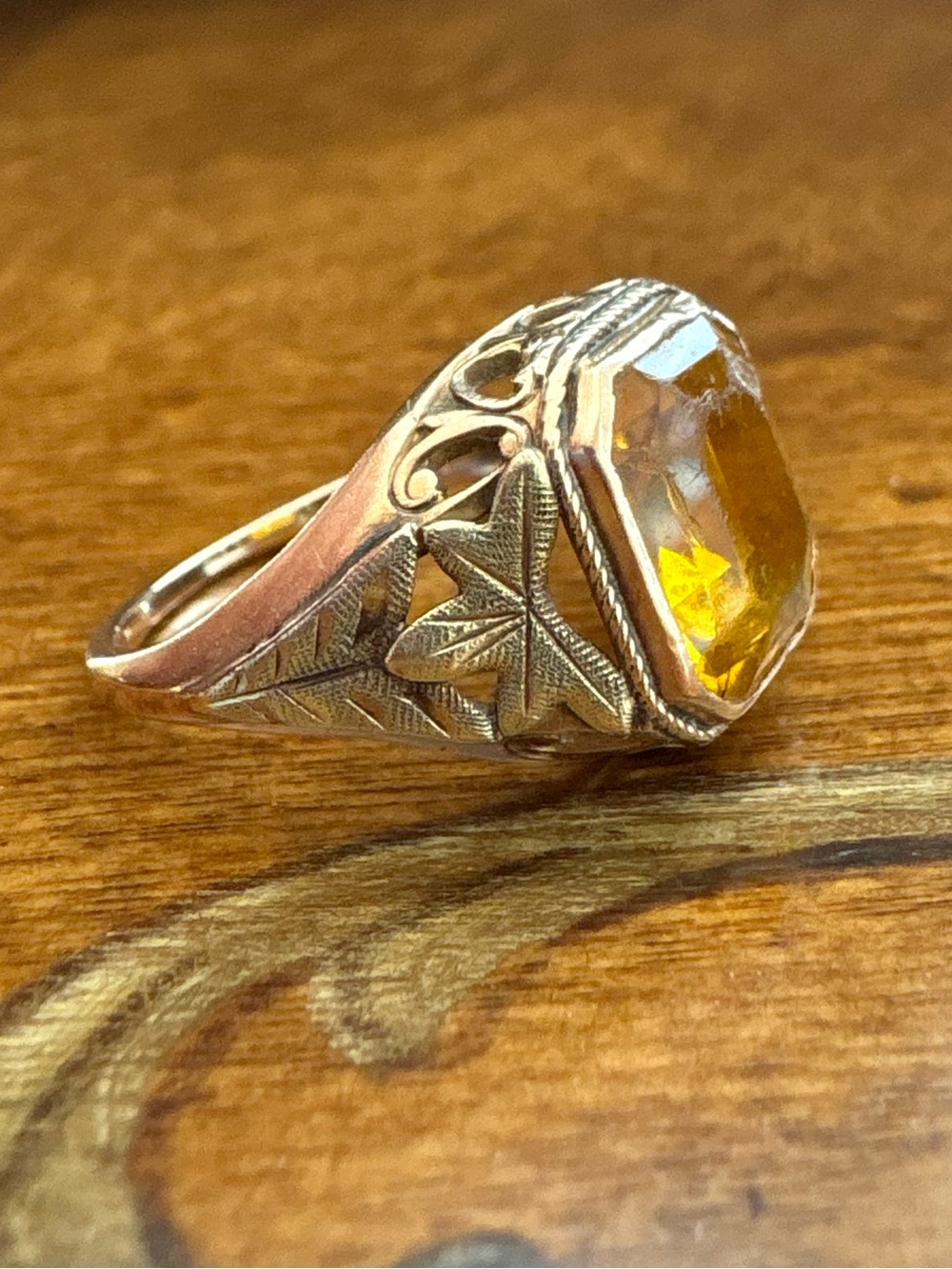 10K Yellow & Green Gold Filigree Ring art deco Orange Stone Vintage Size 5 - Picture 14 of 15